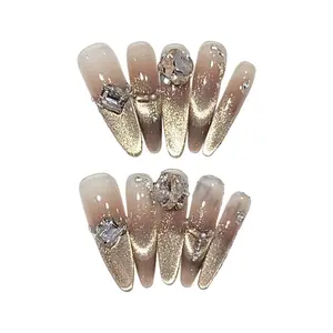 Glamorous Beige-Gold Ombre Long Stiletto Press On Nails With Crystal And Gemstone Accents, 10PCS Handmade Reusable Acrylic Fake Nails For Luxe Sparkle