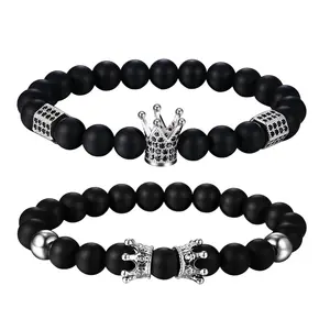 OIDEA Couple Bracelets for Him and Her, Black Matte Stone Beaded King and Queen Crown Bracelet Set, Rhinestone Diamond His Hers Gift