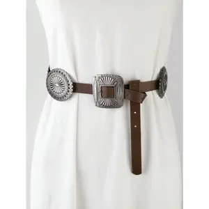 1pc Women's European And American Bohemian Vintage Belt, Decorative Waistband For Dresses, Fashionable And Slimming Hip Waist Belt Halloween Round Brown