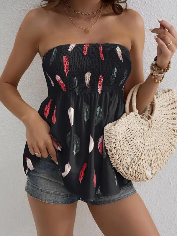 Plus Size Feather Print Shirred Peplum Tube Top, Boho Sleeveless Top, Casual Strapless Top for Beach Holiday Vacation, Women's Clothes for All Seasons