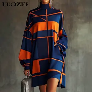 UOOZEE Women’s New Spring Autumn High Neck Oversized Short Mini Dress, Trendy Puff Sleeves Geometric Printed Pockets Casual Party Mini Dresses(Sizing Runs Larger- Check Size Guide or Order Smaller) SpringStatements