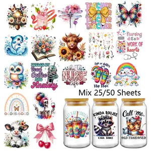 25/50 Sheets 4inch Mix UV DTF Cup Wrap for 16 oz Glass Coffee Cups, Uv DTF Transfer Stickers, for Funny Office Gifts Scratch-resistant 3D Crystal Transfer, Suitable for Glassware and Bottles- High-quality Craft Supplies