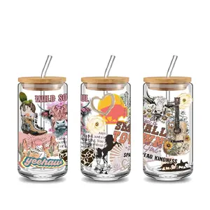 Boho Western Collage 16oz covered straw glass drinking cup, reusable glass drinking cup, high-quality glass jar design, suitable for iced coffee, beer, juice, milk, cold drink glass cups, fashionable glassware.The perfect gift for coffee lover, family