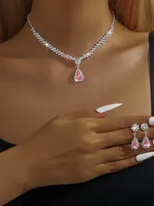 Women's Elegant Water Drop Shaped Rhinestone Decorated Matching Jewelry Set, Exquisite Trendy Pendant Necklace & Dangle Earrings, Chic Jewelry Set for Party & Wedding Decor