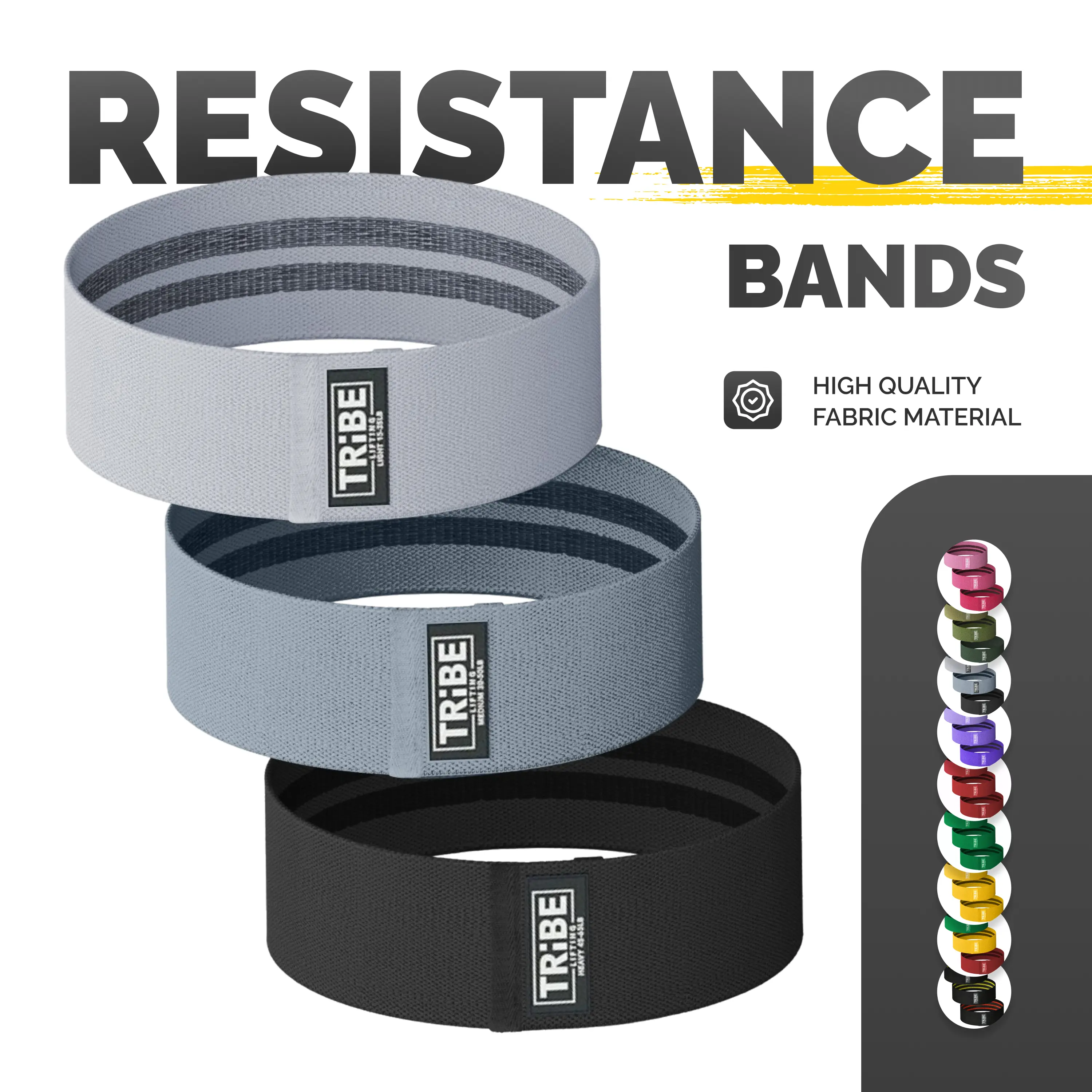 Tribe Lifting Premium Fabric Resistance Bands Set of 3 - Durable Cotton Polyester Stretch Fabric, Versatile for Squats, Lunges, Crunches & More