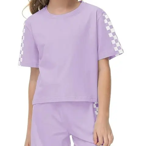 Haloumoning Girls' 2-Piece Sporty Tee Set - Basic Plaid Print T-Shirt & Plaid Elastic Waist Shorts, Breathable Cotton Fitted Cut Lightweight Outfit, Best Gifts for Kids for Play, Trip, Birthday Party