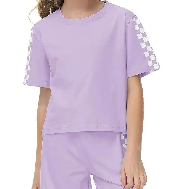Haloumoning Girls' 2-Piece Sporty Tee Set - Basic Plaid Print T-Shirt & Plaid Elastic Waist Shorts, Breathable Cotton Fitted Cut Lightweight Outfit, Best Gifts for Kids for Play, Trip, Birthday Party