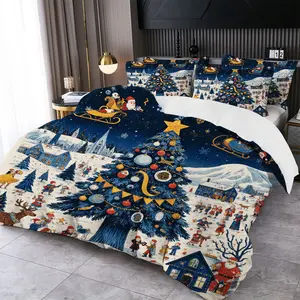 Premium Christmas Duvet Cover Set 3-Piece, Gold Foil Pine Tree Print, High-Count Cotton Bedding Set for Double Bed