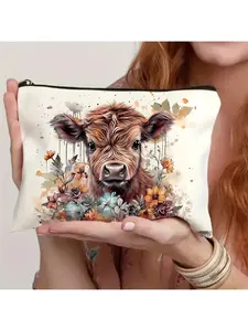 1pc, Western style Highland Cow Gift Makeup Bag Makeup Bag Makeup Bag, Double sided Printed Zipper Bag, Multi functional Storage Bag, Essential Large Capacity Handheld Makeup Bag, Portable Lightweight Makeup Bag, Western Farm Gift