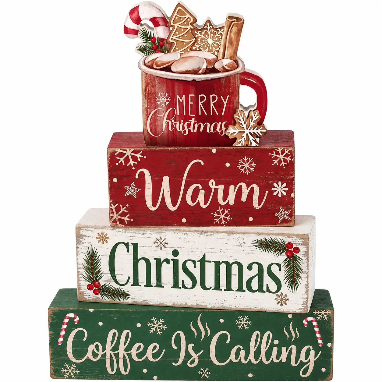 Indoor Christmas decorations, hot cocoa Christmas home decor, wooden winter Christmas desktop decoration, farmhouse-style Christmas party centerpieces, tiered tray decorations, gifts for the kitchen, mantelpiece, and office