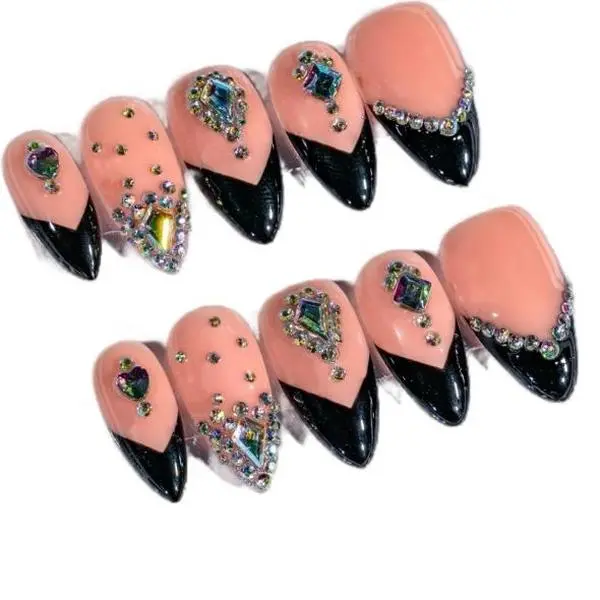LikeTeTe Luxury Press On Nails – 1” Sharp Almond, Black V-Tip, Rhinestone Glam acrylic press on nails set salon nails Marble Pattern