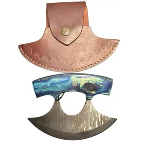 Damascus Ulu Knife with Blue-Wood Styled Handle & Leather Sheath