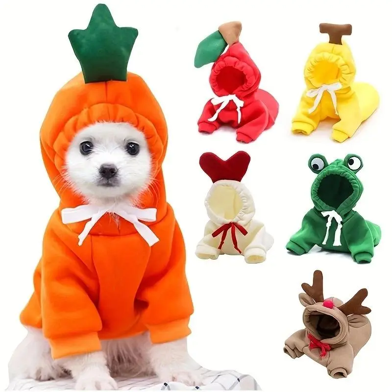 Cute Fruit-Animal Print Coral Fleece Hoodie, Warm Pet Costume Coat for Small Dogs - French Bulldog, Chihuahua, Puppy & Cat Party Wear, S