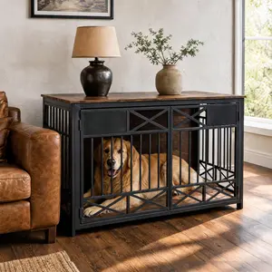 47" Furniture Dog Crate with Double Doors, Heavy Duty Wooden Dog Kennel for Large Dogs, Decorative Furniture Style Crate TV Stand Side Table