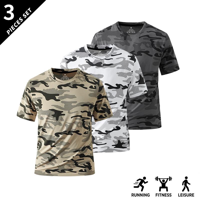 Pack of 5 short-sleeve tops, available in multiple colors. Breathable and casual, suitable for fitness and sports. Designed for teenage boys/male students. Crew neck with a camouflage print pattern that has stretch. Ideal for outdoor everyday wear.