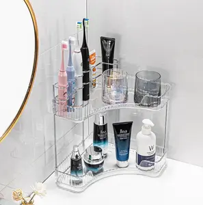 3-Tier Corner Bathroom Counter Organizer, ABS Double-Layer U-Shaped Transparent Storage Shelf, Space-Saving Holder for Cosmetics, Skincare, Kitchen Seasonings & Office Supplies, Easy-Access Multi-Purpose Organizer