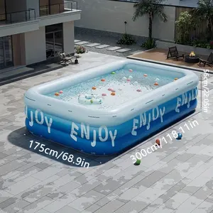 Blue Inflatable Family Pool, Portable Rectangular Swimming Pool, Suitable for Backyard, Beach, Summer Fun, 1-7 People, Easy Setup