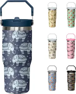 30oz Elephant Tumbler with Handle and Flip Straw, Stainless Steel Insulated Cup, Travel Coffee Mug Water Bottle, Birthday Mothers Day Chritmas Gifts for Women Animal Lovers