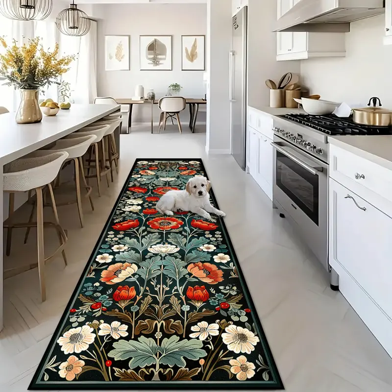 1pc Large Floral Pattern Decorated Runner Rug - Rectangular Hotel Welcome Mat, Soft Comfortable Living Room Floor Carpet, Non-Slip Bedroom Bedside Mat, Decorated Runners, Floral Rug Runners, Large Ornate Runners