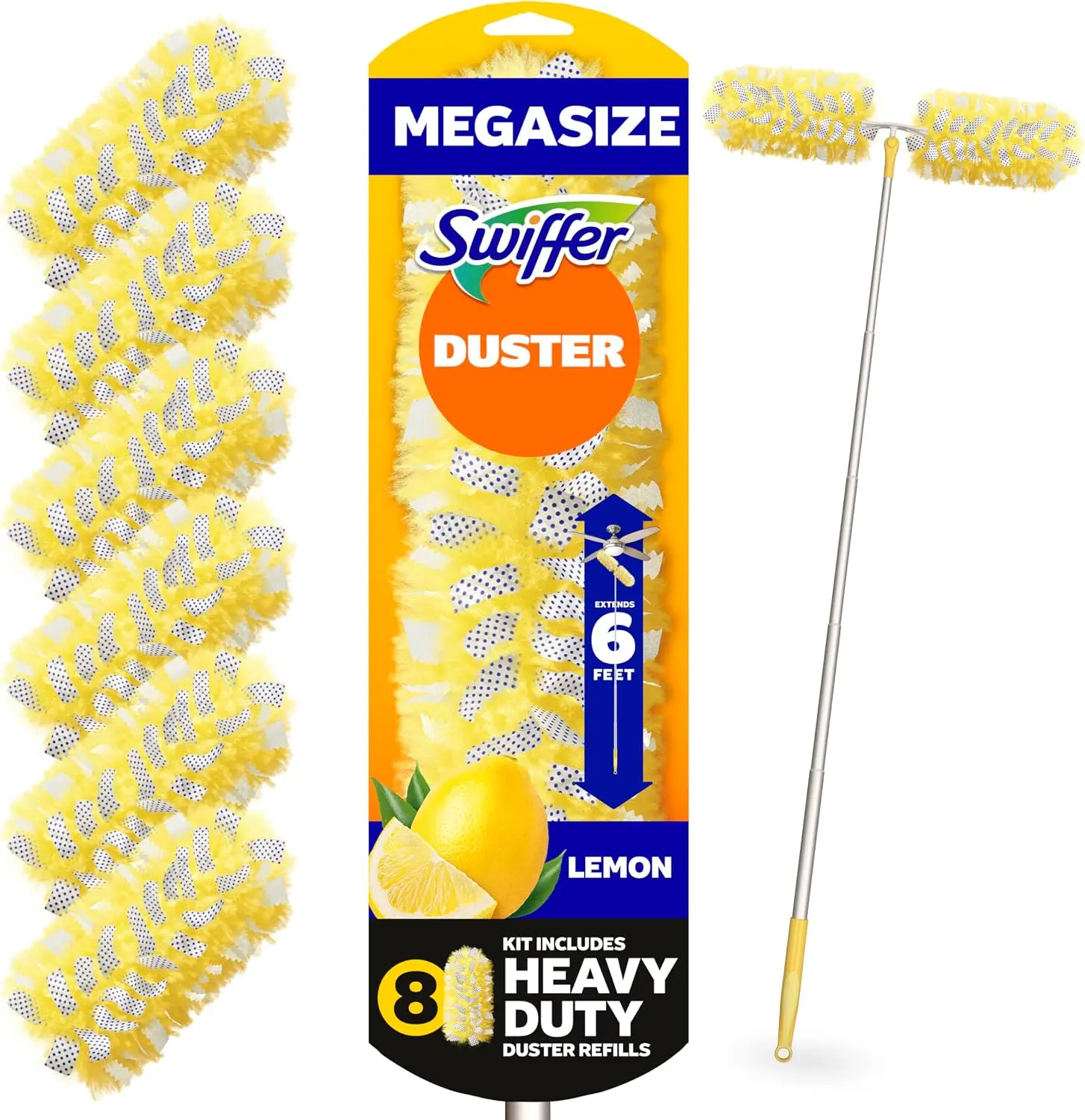 Swiffer Duster Kit with 6 ft Super Extendable Handle, Heavy Duty Starter Kit with 8 Refills, Lemon Scent
