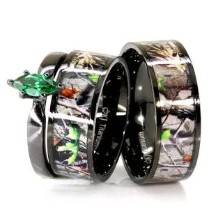 Couples Black Camo Wedding Ring Set Marquise Engagement Ring