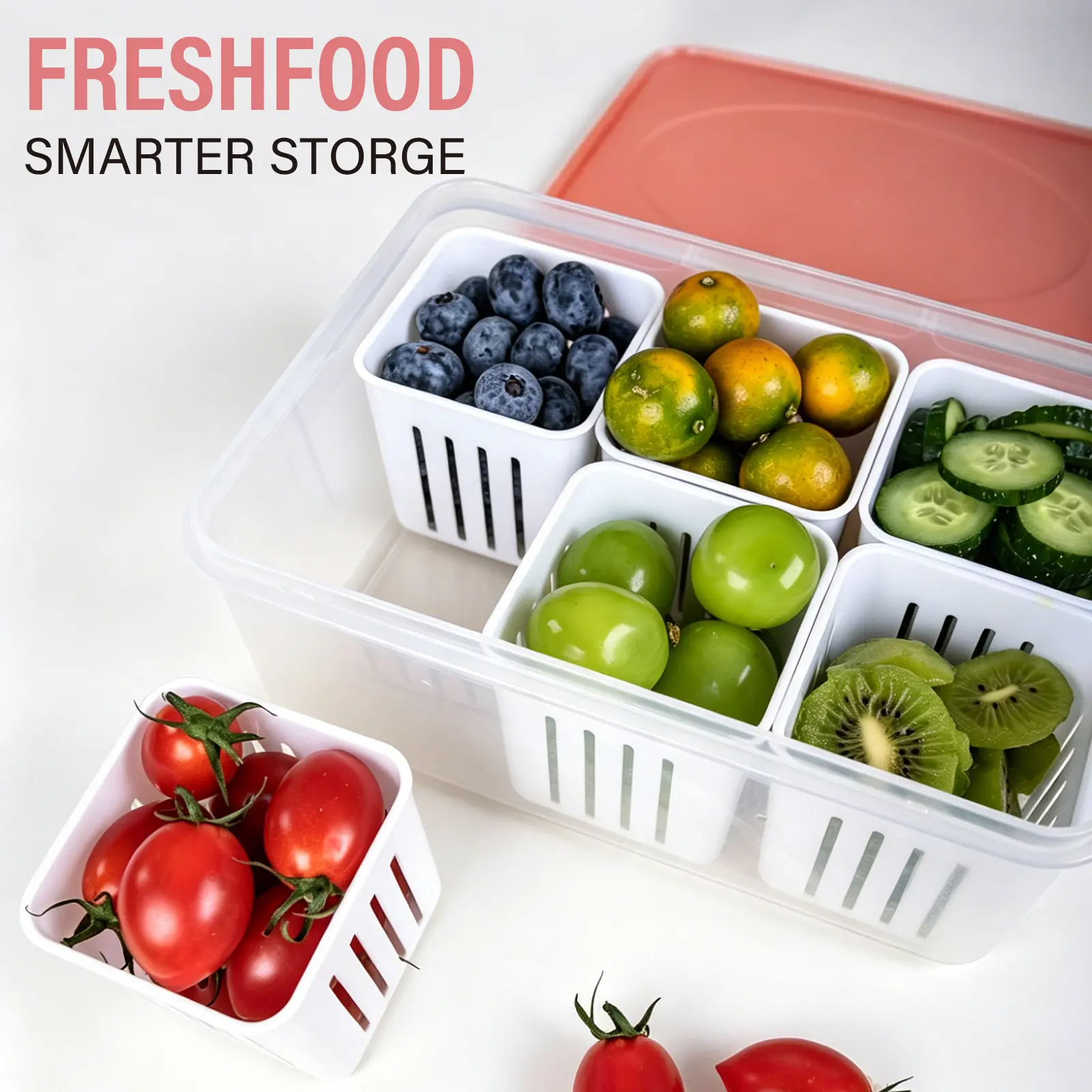 Food Containers, Scallion Preservation Box Fridge Fresh-Keeping Container Draining Crisper Divided Fruit Container Basket with Lids Airtight for Kitchen (6 units, square)