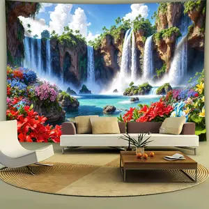 1 piece of oversized landscape waterfall flower photo background wall tapestry, large size polyester hanging cloth, living room bedroom office family room party decoration live broadcast background cloth, free installation, Tapestry Wall Mural