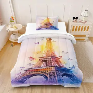 2/3Pcs Eiffel Tower Printed Comforter Set, Paris Romantic Bedding Set, Soft Breathable Fabric, Warm and Cozy, Quilted Design, Girls Bedroom Decor, Filling Included (Pillows Not Included)