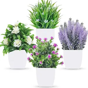 4 Packs Fake Plants Small Artificial Potted Faux Plants with Flowers for Home Bathroom Living Room Office Decor Indoor