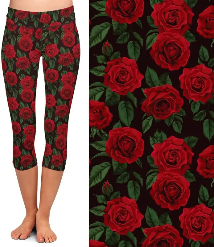 Red Roses Design Printed Leggings, Buttery Soft Fabric, Recycled Material, Super Soft and Stretchy