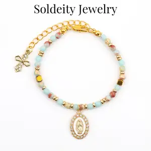 Women's Natural Gemstone Virgin Mary Bracelet Dainty Catholic Virgen De Guadalupe Cross Beaded Jewelry Faith Confirmation Baptism First Communion Gifts for Women