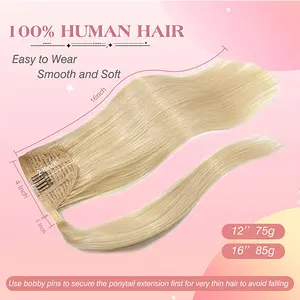 Royaomis Long Straight Real Human Hair Ponytail Extension with Velcro Wrap Around Design & Magic Paste for Easy Attachment