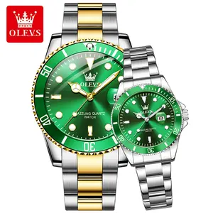OLEVS 5885 Green Dial Couple Quartz Watches, Classic Submariner Style, Luminous Waterproof Stainless Steel His & Hers Wristwatch Set with Date Display