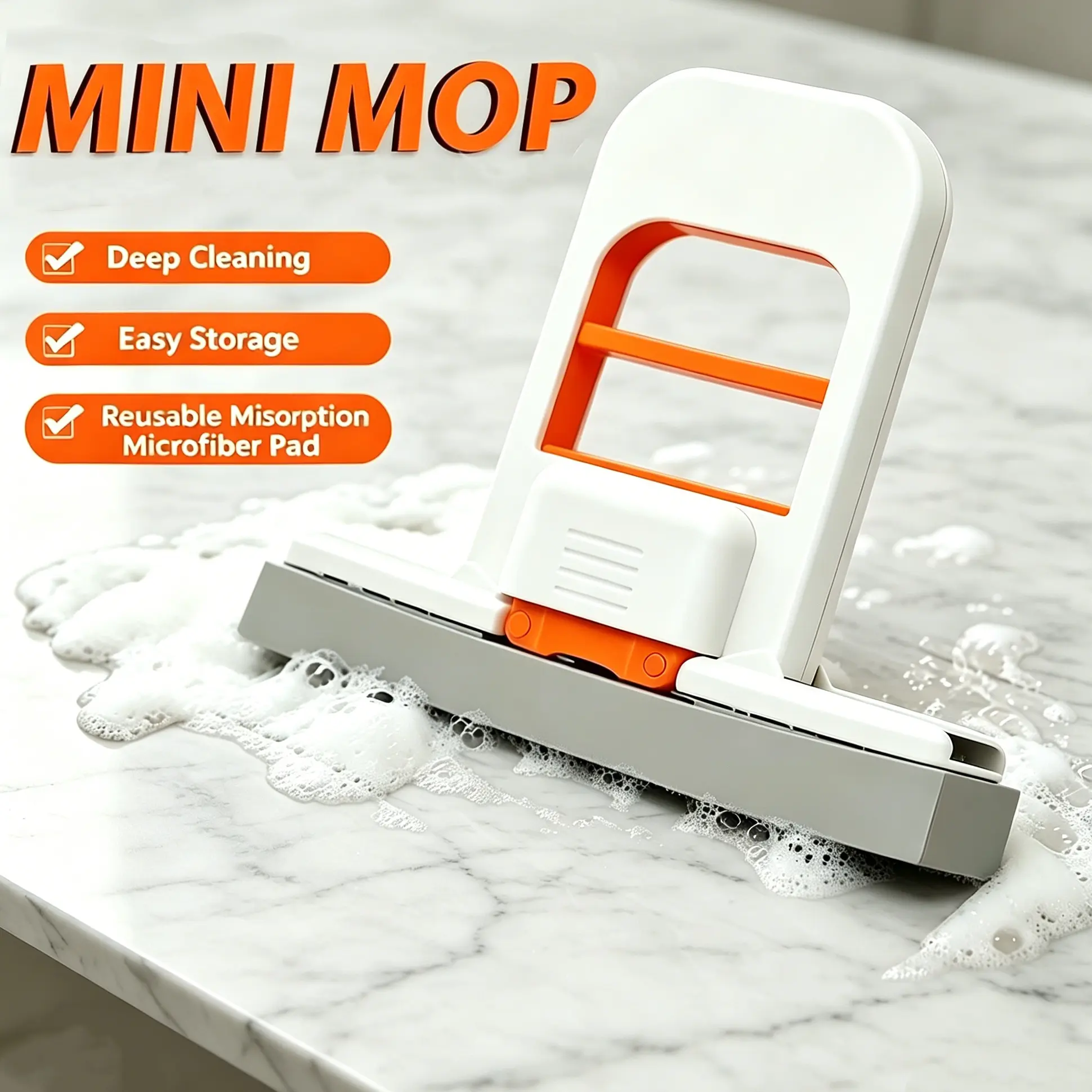 2026 New Mini Self-Squeezing Handheld Sponge Mop - Floor Care Tool, Portable Lightweight Compact Self-Cleaning, Water-Absorbent Wet-Dry Quick Cleaner for Small Spaces, Standable & Hangable Orange
