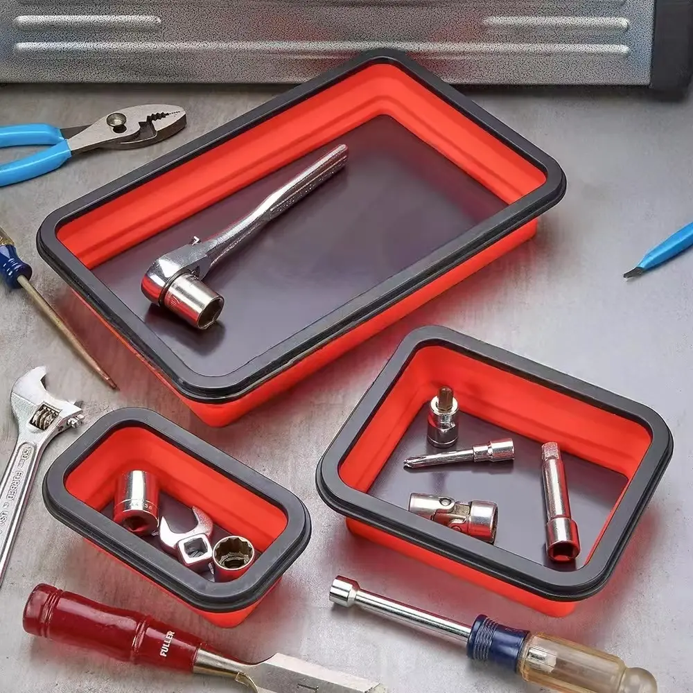 3-Piece Rectangular Garage Tool Storage Organizer Combo for Workshops - Magnetic Holder, Slot Silicone Trays, Foldable Large-Capacity Hardware Case for Tool Organization