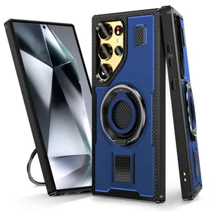 Heavy Duty Shockproof Plastic Cellphone Casing for Samsung Galaxy S24, S23 Ultra, S25 Edge 5G - 360° Finger Ring Kickstand Holder Back Cover, Mobile Phone Protection Accessories