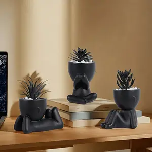 Gothic Artificial Succulent Set - 3 Human-Shaped Mini Planters with Dark Style Succulents, Creepy-Cute Desktop Ornaments for Halloween & Year-Round Decor