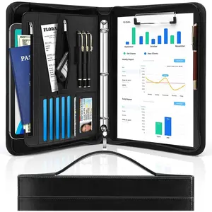 Padfolio Portfolio Organizer Binder with Zipper and  Handle, PU Leather Portfolio Folder for Documents, Business Card Holder, Notepad Padfolio for Men&Women (Black)