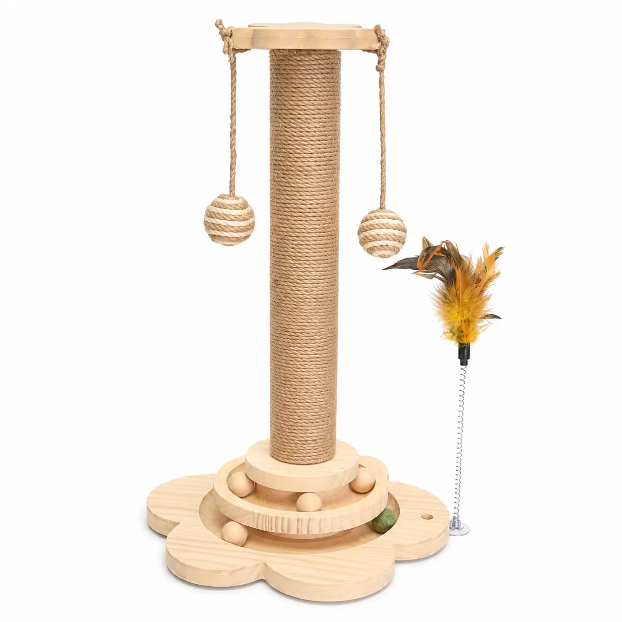 Vertical Compact Plain Cat Scratching Post with Sisal Rope, Wooden Cat Activity Toy for Apartments & Bedrooms, Hanging Rope Balls, Spring Feather Teaser, Rolling Ball Track