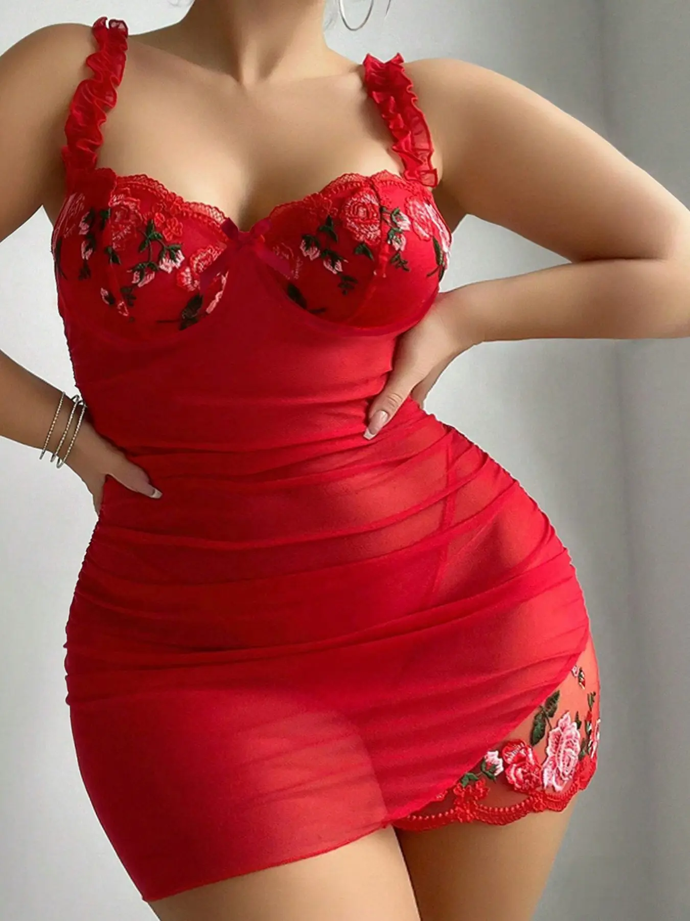 Women's Plus Size Mesh Sexy Halter Dress, Rose Embroidery Allure Design, Home Sleepwear (includes Tights), Floral Print Nightdress, Floral Slim-Fit Nightdress, Soft Seductive Nightwear, Nightgown Sleepwear