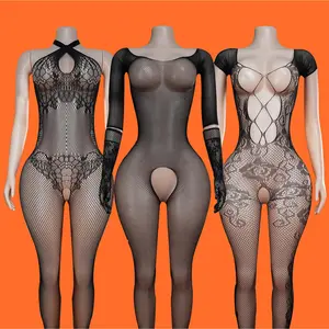 Women's 3-Pack Fishnet Bodysuits: Long Sleeve Mesh Bodystocking, Crotchless See-Through One-Piece Jumpsuit with FREE Lace Gloves | Breathable Elastane, Seductive Lingerie for Women, Seductive Clothing Dress Lingerie | Back Comfort Bra with Shapewear Short