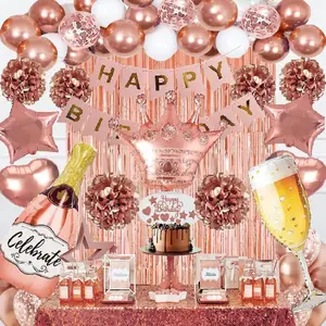 Rose Gold Birthday Party Supplies Happy Birthday Banner Tissue Flowers Confetti Balloons Foil Curtain for 18th 21st 30th 40th 50th Girls Women Decorations Complete Set