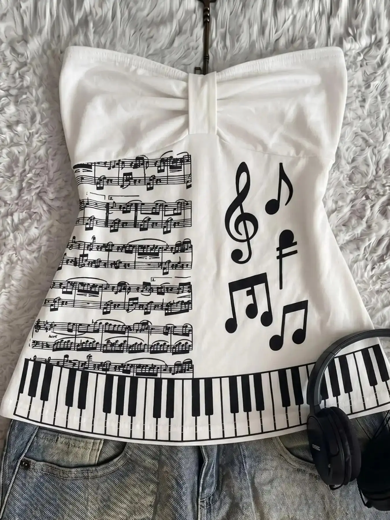 Summer Unique Design Strapless Top, Geometric Note Print Bowknot Style, Outerwear Innerwear Sleeveless Vest, Fashionable and Versatile, Bandeau Tube Tops, effortless layering, chic everyday, refined casual