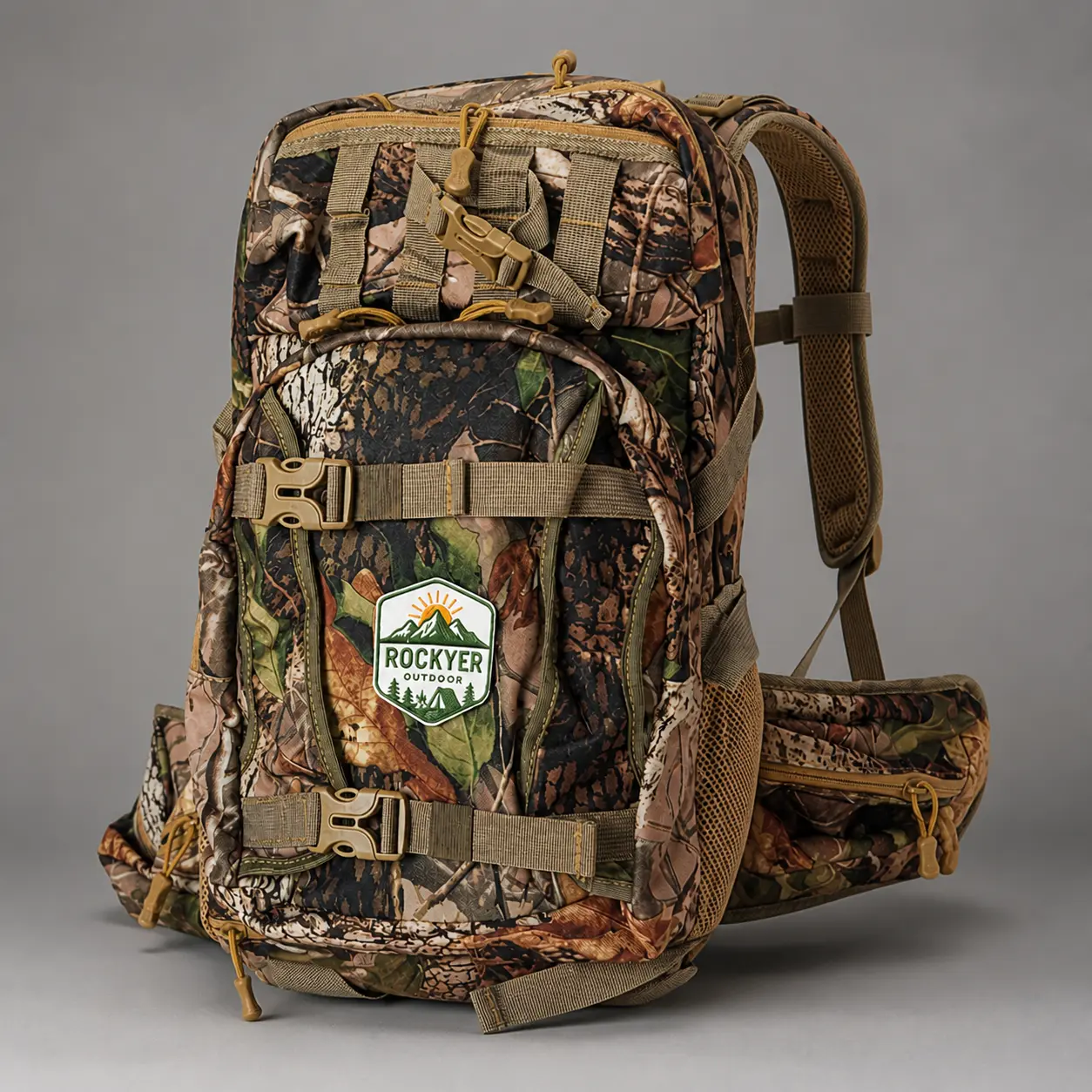 45L Woodland Camo Hunting Backpack with Multi-Compartment Storage, Compression Straps and Padded Waist Belt for Outdoor Gear