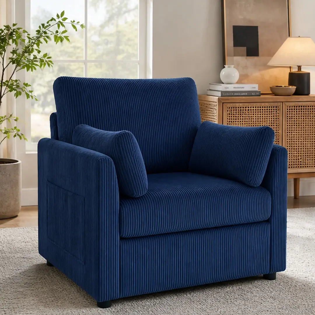 ARCH 37.75" Corduroy Fabric-Based Dual-Function Oversized Accent Chair, Modern Upholstered Single Sofa Armchair with 2 Pillows & Side Storage Pockets, Comfy Reading Chair for Living Room, Bedroom, Multiple Color Options (Beige/Blue/Grey), Fabric-Based Ove