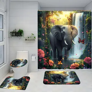 1/4 piece elephant design bathroom set, including soft floor mats, toilet seat cushions, shower curtains, creating elegant decoration, home decor, floor mats with good rebound, water absorption, anti slip, preferred for gift giving