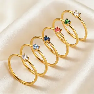 Birthstone Rings for Women Non Tarnish Golden Stackable Rings Dainty Round CZ Pinky Plain Band Ring Personalized Jewelry Gift for Birthday Size 6-9