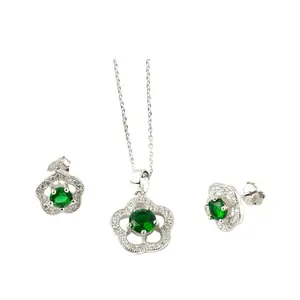 925 Sterling Silver Flower Stone Jewelry Set Necklace 1mm Chain 16 + 2 Inches (Green Light Blue Red Purple)