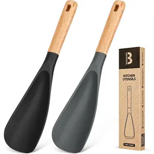 Cooking Spoon for Nonstick Cookwares, for Cooking and Serving Sturdy BPA-Free Matte Silicone, Wood Handle Spoon for Mixing, Scoop, and Scrape (Black & Grey, 11.4 inch)