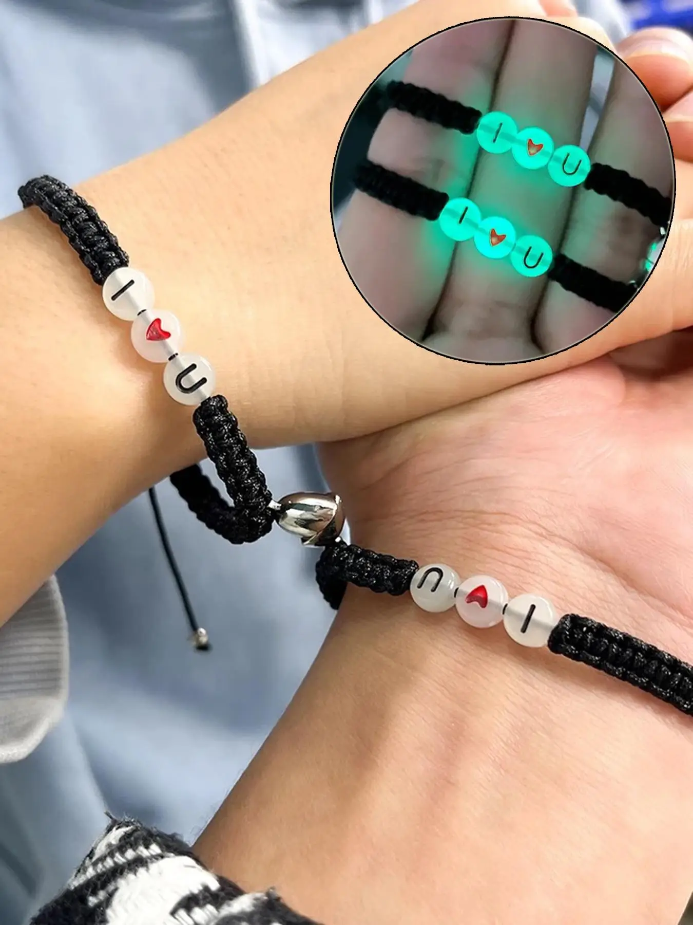 Summer 2024 Couple Cute Heart Detail Luminous Beaded Braid Design Matching Bracelet, Gift for Girlfriend, 2024 Fashion All-match New Trendy Couple Bra